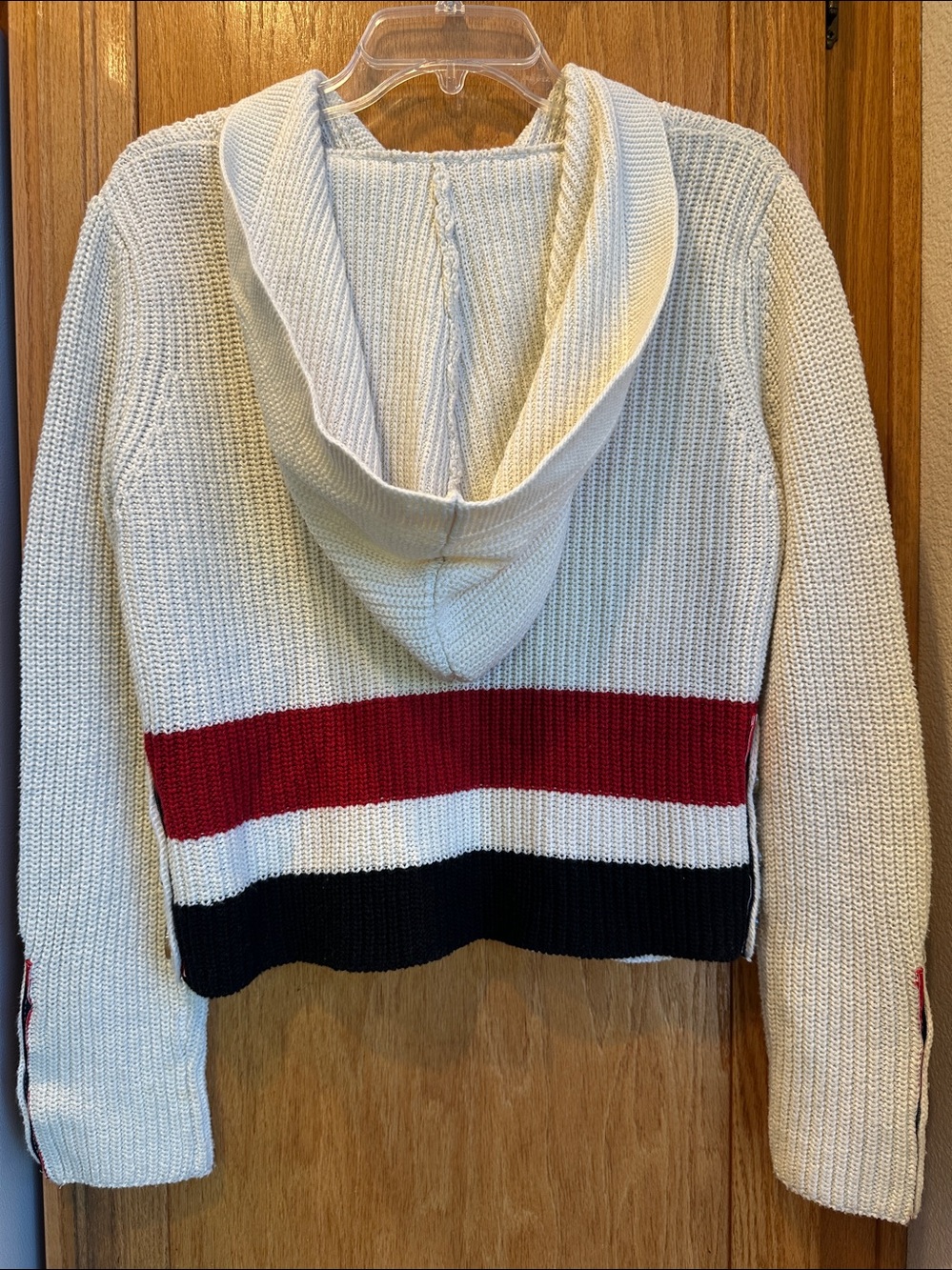 Rare Find Cream Ribbed Knit Button-Up Hooded Sweater w/Red White Blue Accents ML